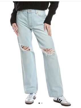 Re/Done Light Blue Straight Leg Jeans with Knee Distressing